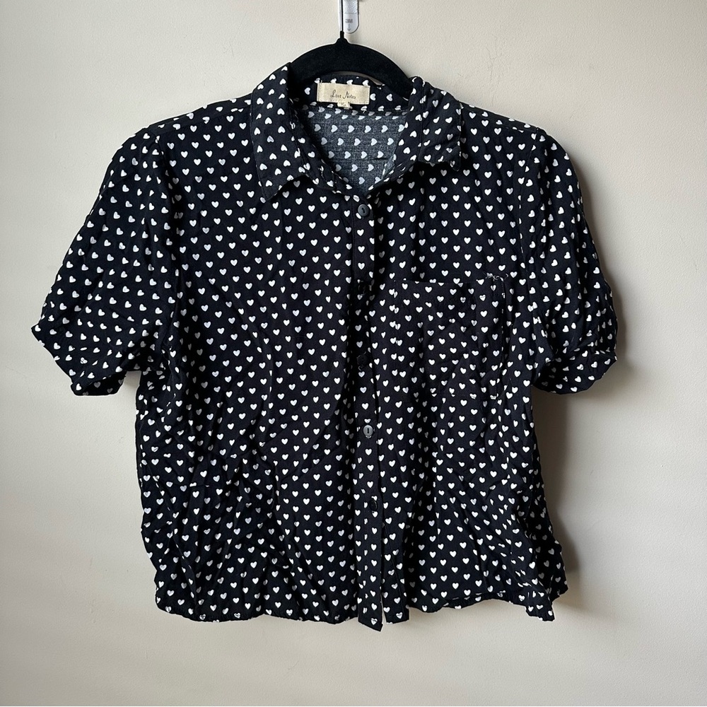 Love Notes Black Polka Dot Crop Top Short Sleeve Button Down Shirt Women's Med